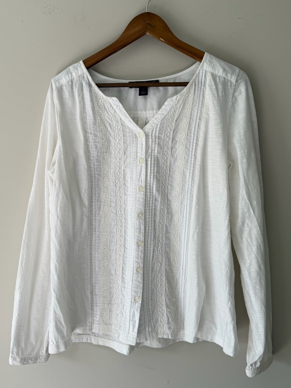 Gloria Vanderbilt White Lace-Front Button Down Cotton Long Sleeve Blouse Size M